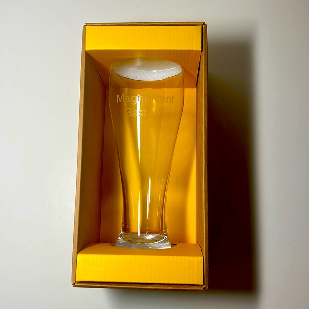 Hallmark Pilsner Magnificent Bastard Glass Drinks On You in gift packaging